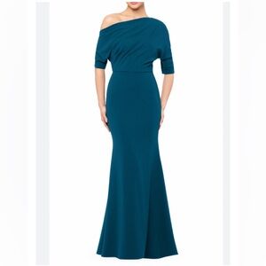 BETSY and ADAM Off the Shoulder Crepe Trumpet Gown in Teal mother of the bride